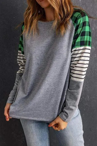 Striped Plaid Round Neck Long Sleeve T-Shirt Cloudy Blue Women's T-Shirts - Tophatter Daily Deals